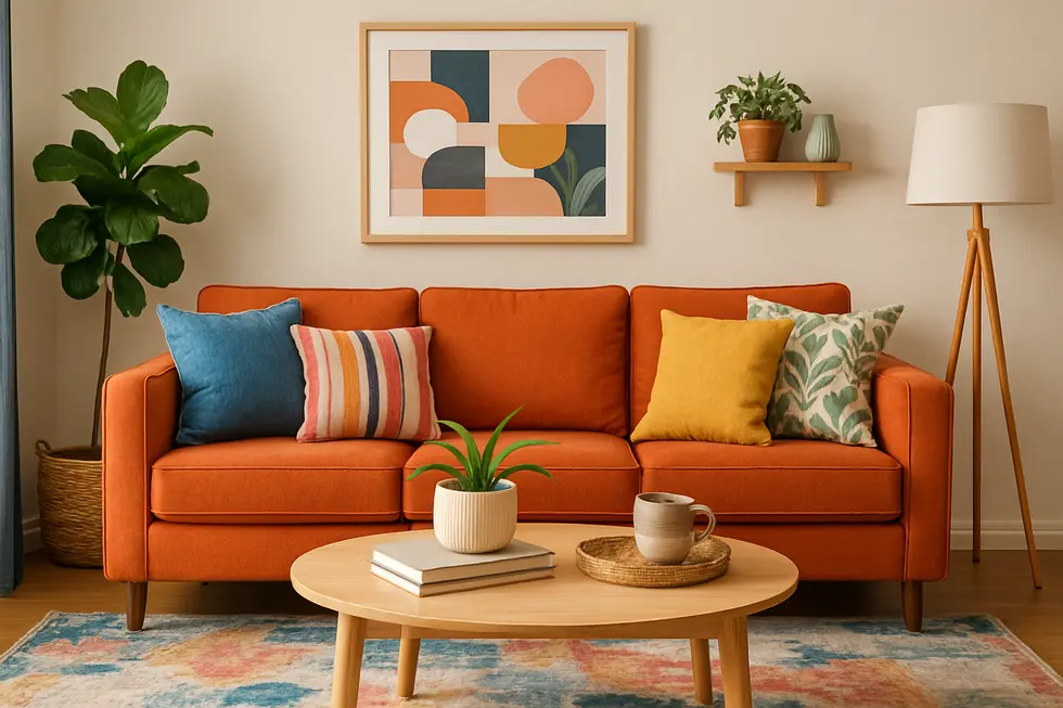 A living room featuring budget-friendly decor and organizational upgrades.
