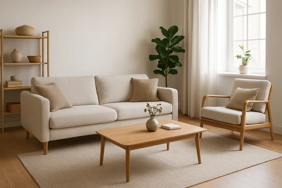 A decluttered living room showcasing creative use of space and furniture arrangement.